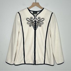 Bob Mackie Wearable Art Cream Black Fleece Embroidered Full Zip Jacket Coat Vtg